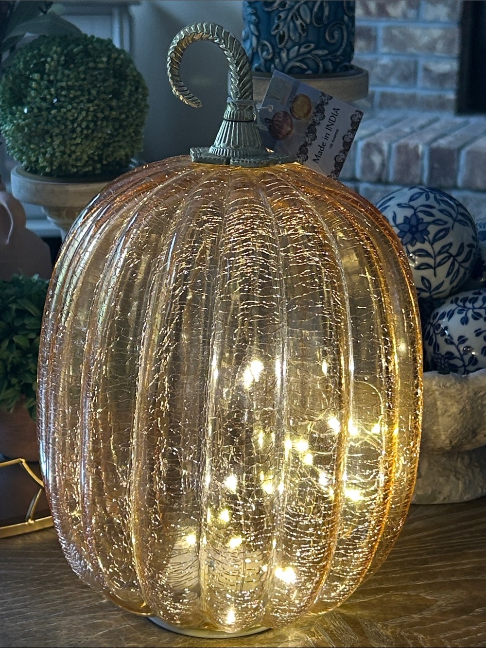 NEW! Vintage Inspired Orange Glass Crackle Fall Harvest Pumpkin Lantern